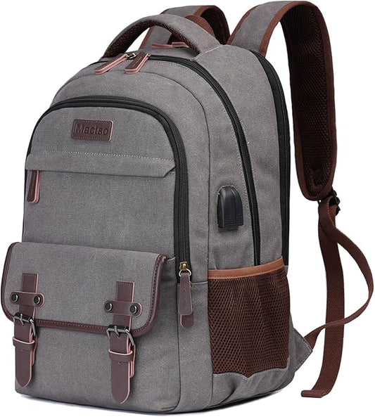 Mactso Canvas Travel Laptop Backpack for Men Women, Business Work Rucksack College Computer Bag Fits 17.3 Inch Notebook,Bookbag with USB Charging Port (Grey, 17.3 Inch)