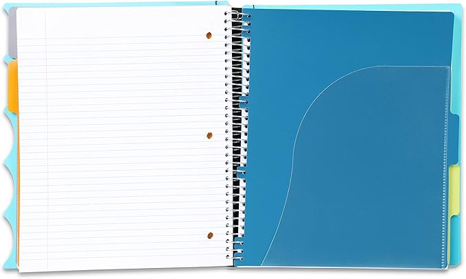Mintra Office Durable PREMIUM Spiral Notebook, ((Teal, 5 Subject, 8.5in x 11in)), Fabric Covered Coils, No Snags, Removable Adjustable Pocket Dividers, Ruler, Organization, Customizable