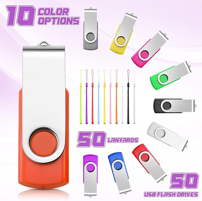 50 Pack USB Flash Drives Bulk with Lanyards USB 2.0 Thumb Drive Swivel Storage Flash Pack Bulk with LED Light for Data Storage Backup, 10 Colors (256 MB)