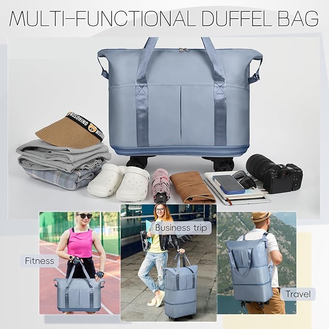 VOOWO Duffel Bag with Wheels - Rolling Foldable Expandable Duffle Bag with Wheels for Travel, Rolling Luggage Bag Carry On Travel Bag with Wheels, Large Wheeled Overnight Weekender Bag (Blue)