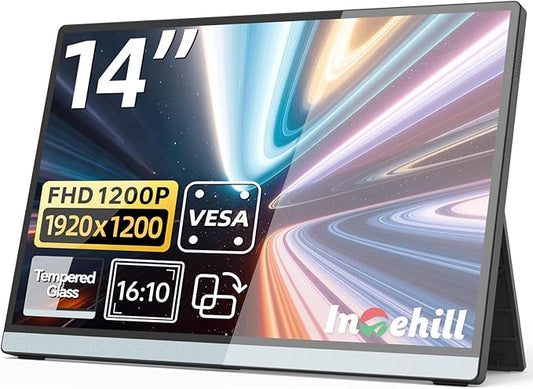Intehill 14" Portable Monitor, WUXGA 1920x1200 Portable Screen with Full-Covered Tempered Glass, 16:10 USB-C HDMI External Display with Speakers & Stand, Travel Monitor Second Screen for Laptop, F14ZA
