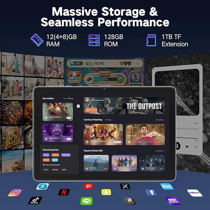 Android Tablet 10 Inch, Android 15 Tablets 2025 for Adults, Octa-Core, 12GB RAM,128GB Storage(2TB Expandable), Large Touch Screen Tablet with 10H Battery Life,WiFi & Bluetooth 5.0,Gray Blue