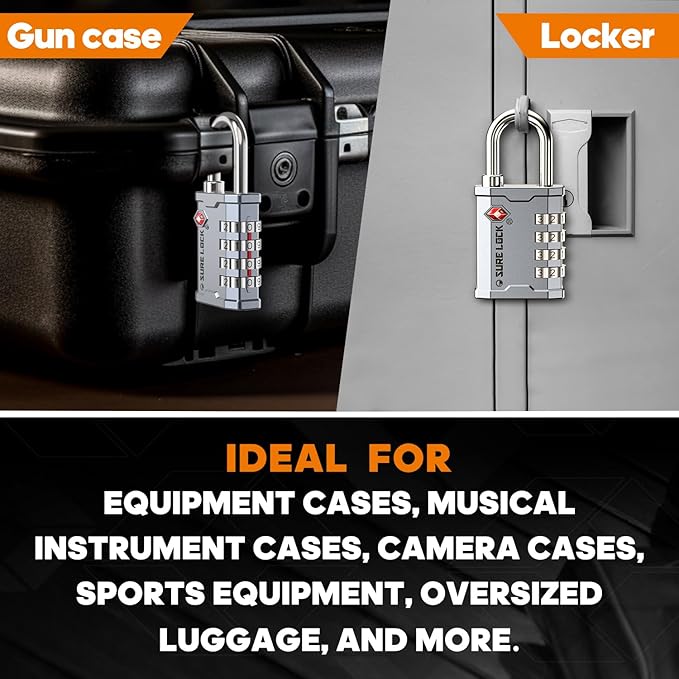 SURE LOCK TSA Accepted Combination Luggage Padlock for Gun Cases, Transporting Equipment Cases in Trade Show, Music and Medical Industries (1, Silver)