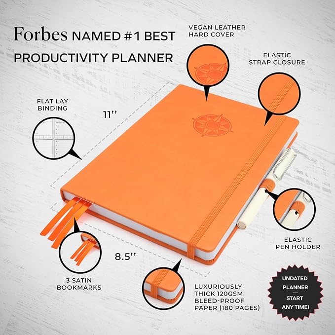 Smart Planner Pro – Undated Daily Planner – Large A4 – Achieve Goals & Increase Productivity with Weekly, Monthly, Work Sections - Organizer Diary with Back Pocket, 3 Satin Bookmarks & Pen Holder