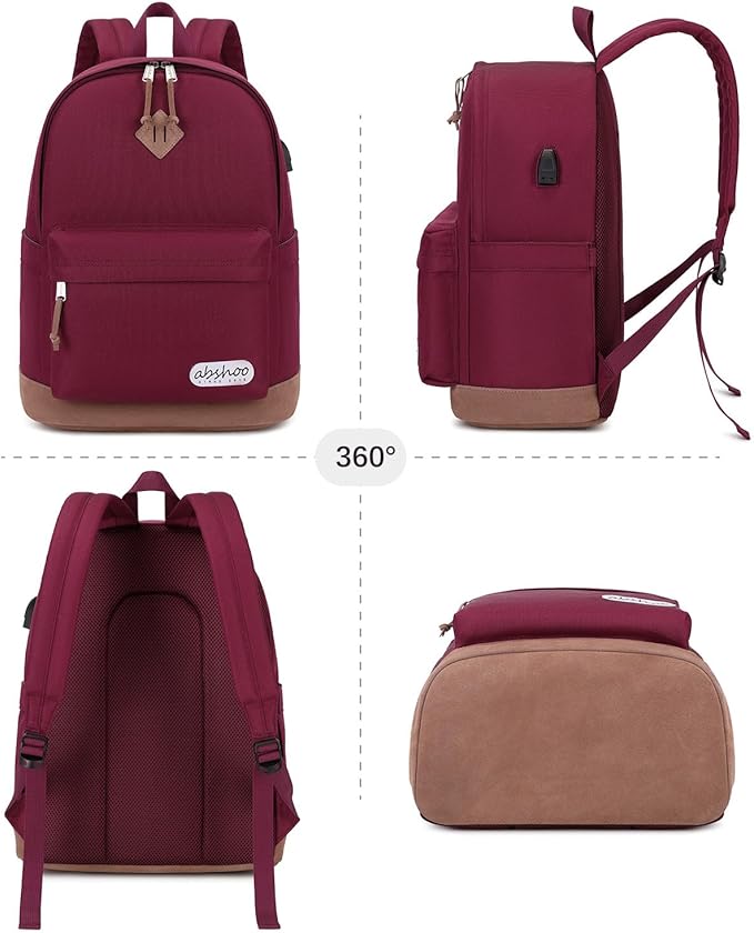 abshoo Basic Classical School Backpack For Middle High School Water Resistant Bookbag College Travel Daypack (Wine Red)