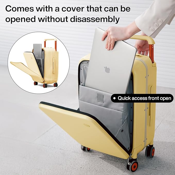 mixi Checked Luggage Wide Handle Luxury Design Rolling Travel Suitcase PC Hardside with Aluminum Frame Hollow Spinner Wheels, with Cover, 24 inch, Lark Yellow