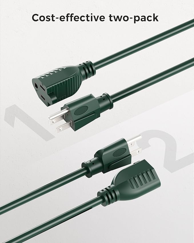 [UL Listed] Cable Matters 2-Pack 16 AWG Heavy Duty 13A Power Extension Cord - 10ft, 3 Prong Power Cord Extension, NEMA 5-15P to NEMA 5-15R, Green