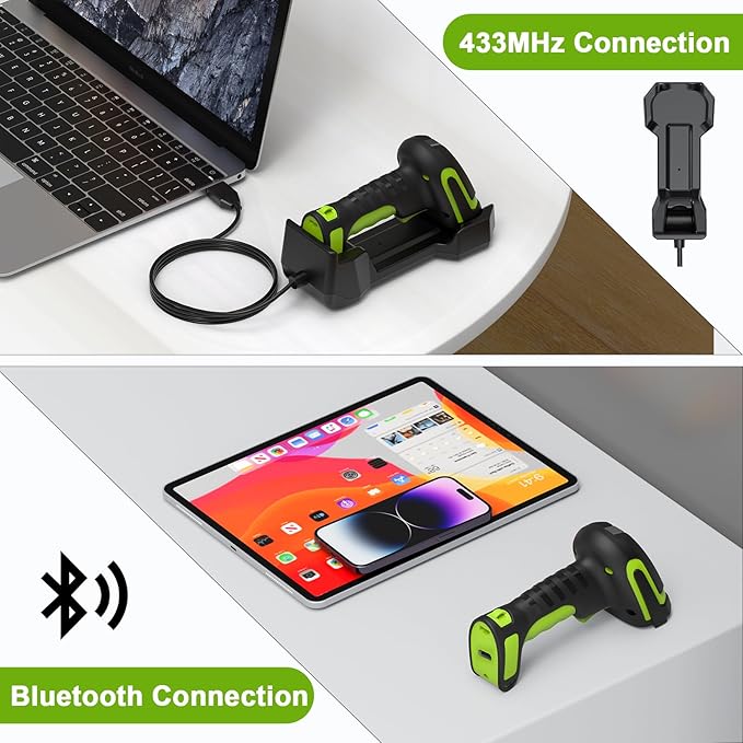 Industrial 433Mhz Wireless Barcode Scanner with Charging Cradle,IP65 Drop-Proof 2-in-1 Bluetooth and 433Mhz Barcode Reader for Laptop Desktop Tablet Android iOS,ipad