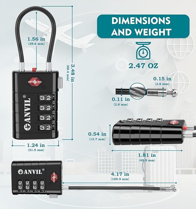 ANVIL TSA Approved Luggage Locks, 4 Digit Combination Travel Suitcase Locks with TSA008 Core and Open Alert Indicator, Zinc Alloy Body. (2, Black)