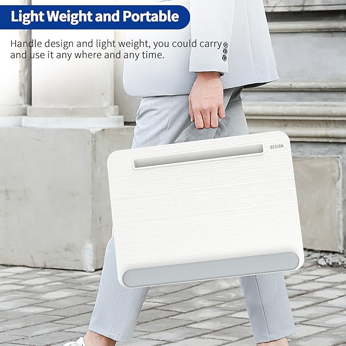 Besign LT08 Laptop Stand, Portable Lap Desk with Pillow Cushion, Fits up to 14 inch Laptop, with Anti-Slip Strip for Desk, Sofa & Bed, White and Gray