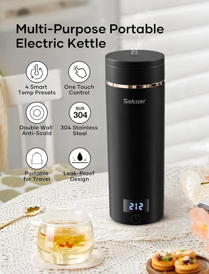 Sekaer Travel Portable Electric Kettle, Small Tea Kettle Coffee Mini Hot Water Boiler, 400mL & 304 Stainless Steel, with 4 Variable Presets and Auto Shut-Off SKE-840B
