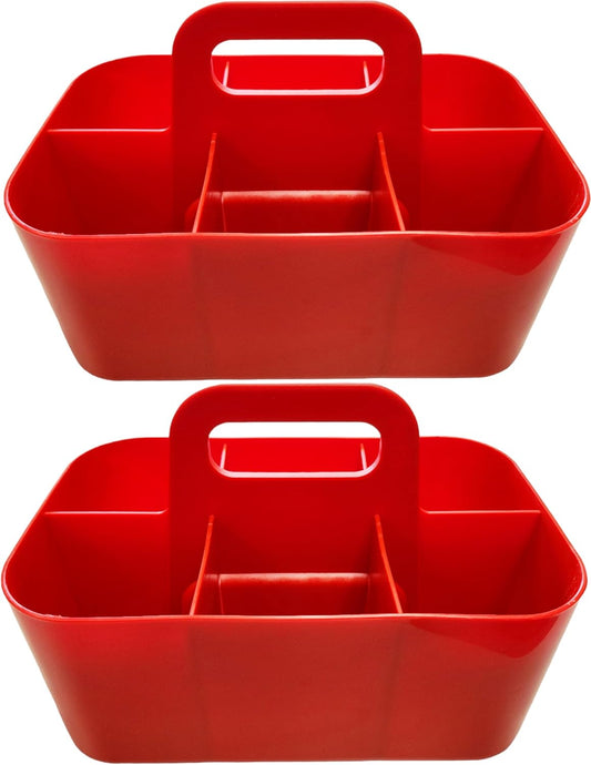 2 Pack Small 6 Compartment Multiuse Caddy Organizer with Handle Art Craft Supplies, Office, Desk, Stationery Pen Holder Stackable- Made In USA (Red)