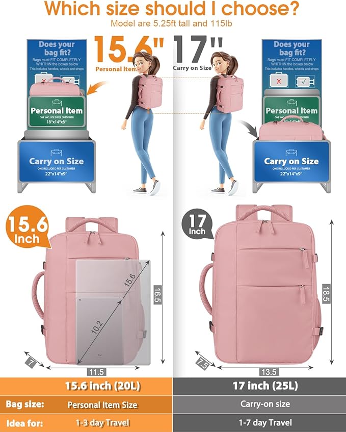 Capolo Travel Backpack for Women Men Waterproof Laptop Backpack Airlines Approved Carry On Backpack Bag Computer Bookbag for Business, Work, Traveling Fits 15.6 Inch Laptop(Pink)