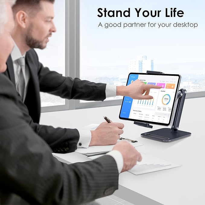 CreaDream Tablet Stand for iPad, Aluminum Tablet Holder with Heavy-Duty Base for Desk, Fully Adjustable Angle, Compatible with iPad Pro Air Mini, Galaxy Tab, Surface Pro, Kindle 4.7''-13", Black