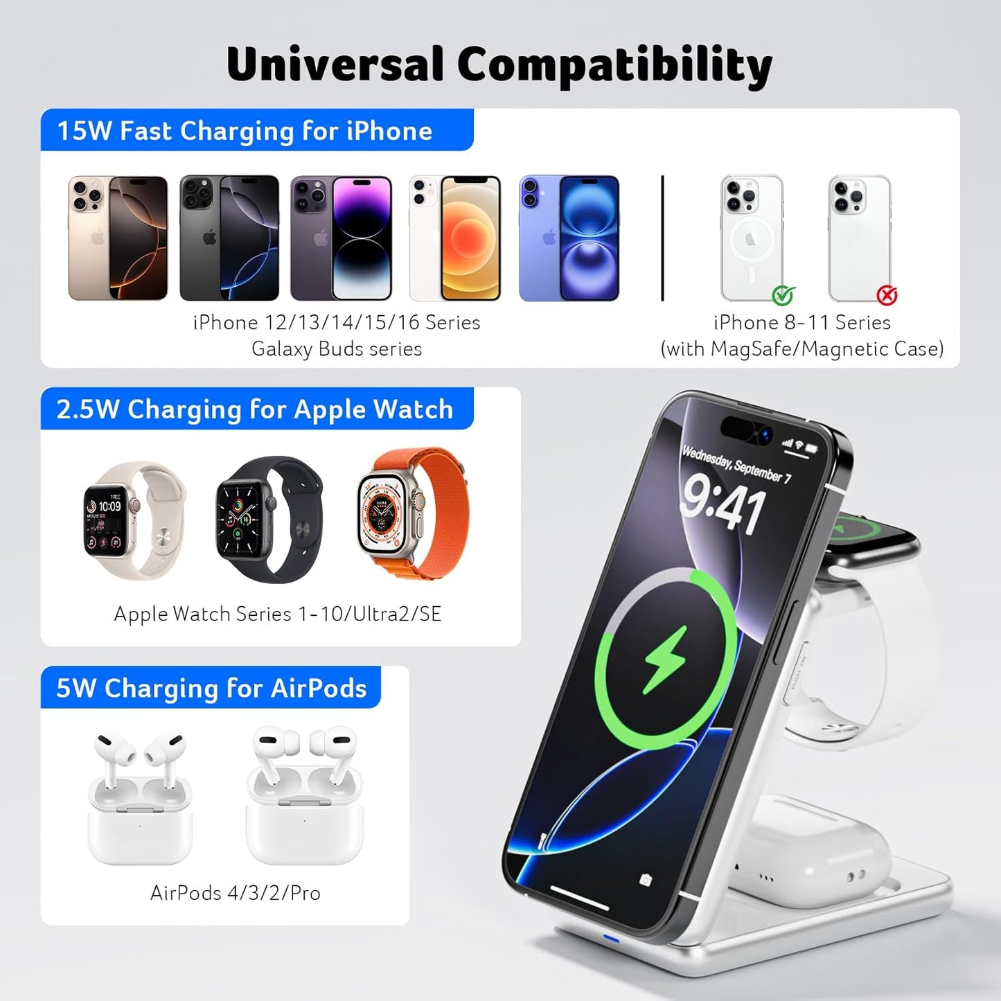 Acer Magnetic Wireless Charger, 3 in 1 Wireless Charging Station, 15W Fast MagSafe Charger for iPhone 16 15 14 13 12 Series -Apple Watch 10 9 8 7 6 5 4 3 2 SE and Ultra Series-Airpods 4 3 2 Pro Series