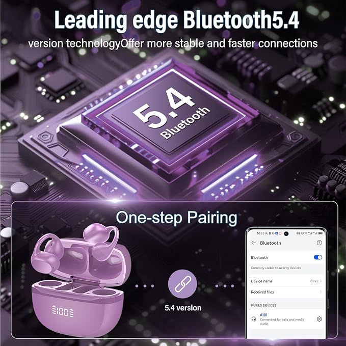 Open Ear Earbuds,Wireless Earbuds Bluetooth 5.4 Ergonomic Clip-On Ear buds, Bone Conduction Over The Ear Headphones 48H Playtime, Perfect Running Headphones for Sports IPX7 Waterproof Touch Controls