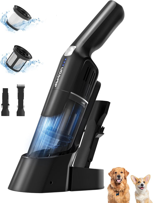 Aspiron Cordless Handheld Vacuum, 24KPA Powerful Car Vacuum, Rechargeable, Charging Dock, Ergonomic Handle, 2-in-1 Crevice Tool, 1.8lb Portable Vacuum Cleaner with 2-Speed for Car, Home, Black Grey