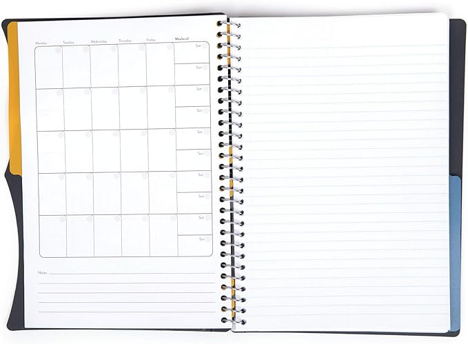 Mintra Office Durable PREMIUM Spiral Notebook, ((Black, 2 Subject (6in x 9.5in)), Wire, Fabric Covered Coils, No Snags, Removable Adjustable Pocket Dividers, Ruler, Organization, Customizable
