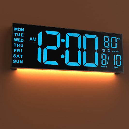 JALL 16" Large Digital Wall Mount Clock, Count Down Timer, Alarm, Big LED, DST, Temperature for Living Room Classroom Desk, Xmas, Birthday Gift for Senior Men Women Mom Dad, Blue