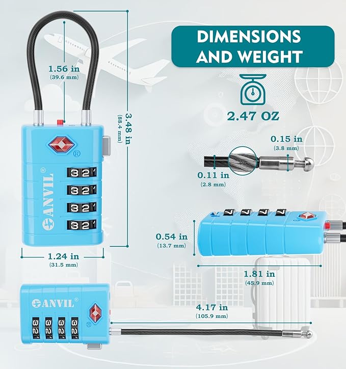 ANVIL 4 Digit Luggage Locks, TSA Locks for Luggage, Advanced TSA008 core, Alert Indicator for Your Travel Lock, Suitcase Lock. (3, Blue)