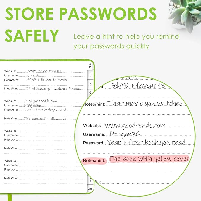 Elegant Password Book with Alphabetical Tabs - Hardcover Password Book for Internet Website Address Login - 7" x 10" Password Keeper and Organizer w/Notes Section & Back Pocket (Green)