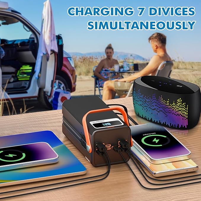 Portable Power Station 166Wh, 22.5W Fast Charging Power Bank with Built-in Cables for iPhone/Android/MacBook, 45000mAh Battery Solar Generator with LED Light for Camping & RV, Home, Travel