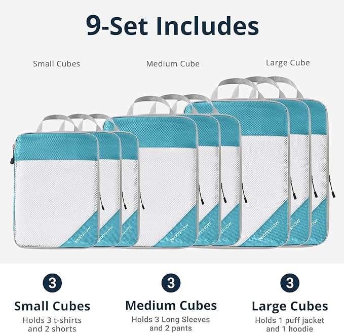 9 Set Compression Packing Cubes for Travel - Compressible, Lightweight, and Space-Saving Packing Cubes, Travel Essentials for Women, Teal