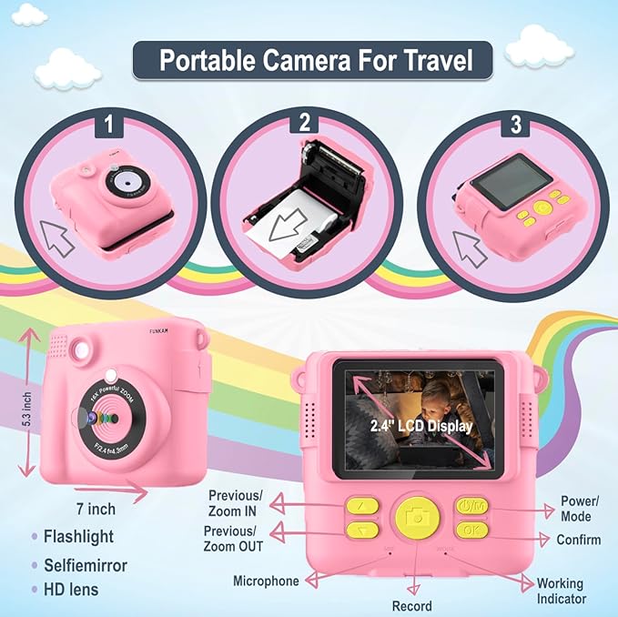 Instant Print Camera for Kids - 2.4" HD 1080P - with 32GB SD Card, 5 Markers, Stickers, 5 Paper Rolls, Lanyard. Camera Boys and Girls from 3 to 14 Years Old. (Pink)