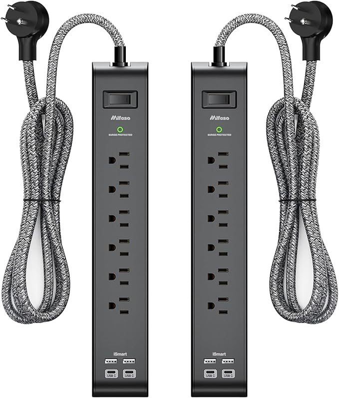 2 Pack Surge Protector Power Strip with 6 Outlets 4 USB Ports 5-Foot Long Heavy-Duty Braided Extension Cords Flat Plug 900 Joules 15A Circuit Breaker Wall Mount for Home Office ETL Listed