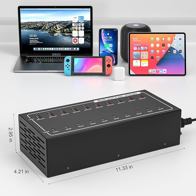 20 Port Fast Charging Station, (10USB C+10USB A) 400W USB Charging Station, simultaneously Charges Mobile Phones, Tablets, Game Consoles and Headphones and Other Devices at high Speed