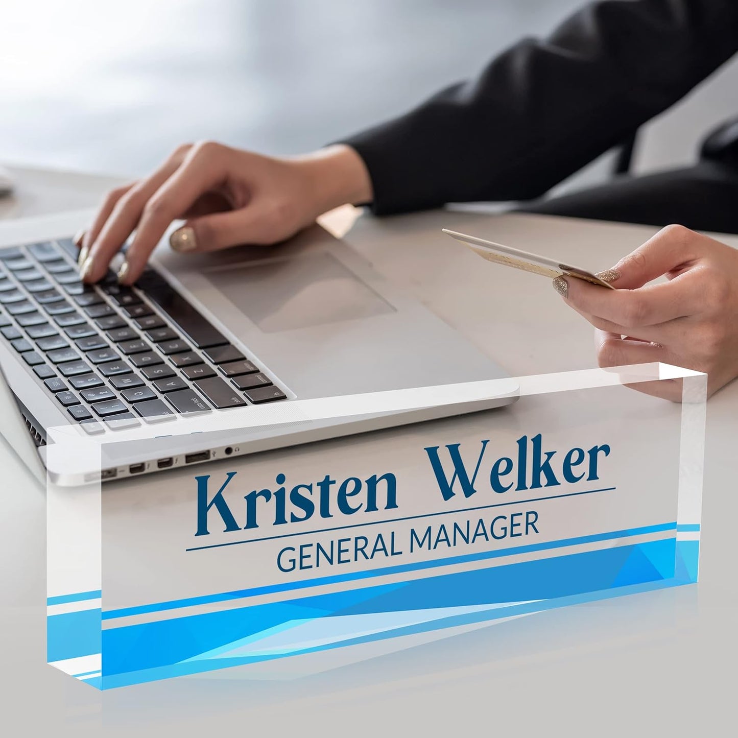 Desk Name Plate Personalized, Premium Business Modern Blue Acrylic Desk Name Plate, Personalized Name Plate for Desk, Office Decor for Women or Men Coworkers, Boss, Employee, Teacher (Blue 2)