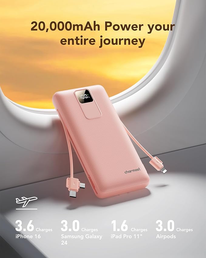 charmast 20000mAh Portable Charger with Wall Plug, Fast Charging Power Bank USB C, 20W PD Battery Pack with Built-in Cables Travel Essential for iPhone 16/15/14, Samsung, iPad More Devices (Pink)