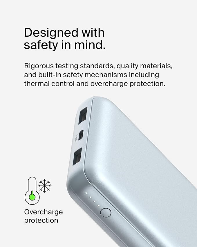 Belkin Portable Charger, USB-C Power Bank 20000 mAh w/ 2 USB-A Ports, 15W w/Type-A to Type-C Cable for iPhone 17, Air, Samsung Galaxy S25, iPad, Nintendo Switch 2, Google Pixel 10, etc. - Pearl Blue