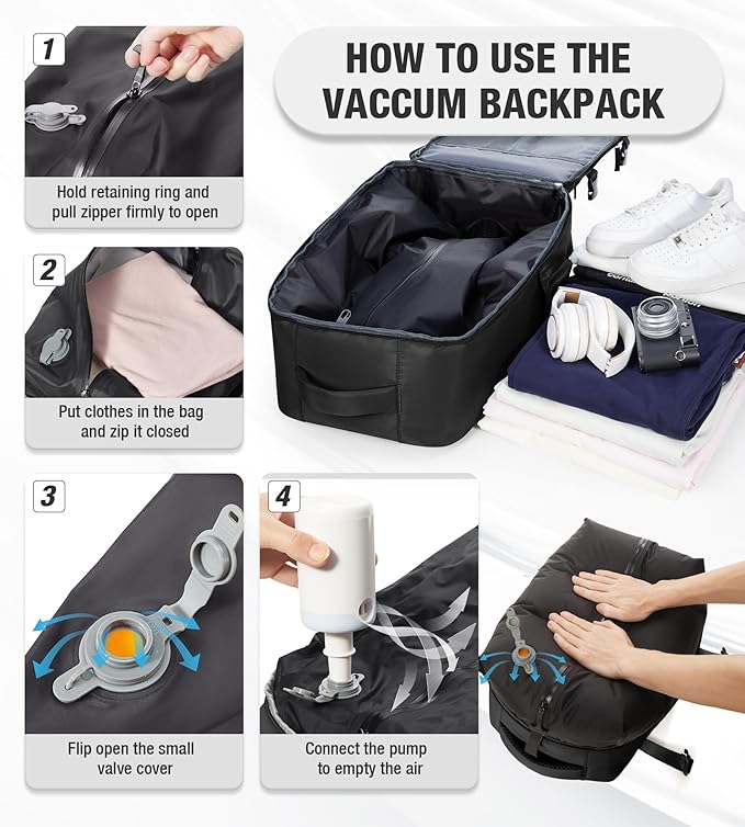 VECAVE Vacuum Backpack Travel with Pump for Women, Personal Item Carry on Backpacks Flight Approved for Men,Laptop Waterproof Work Compression bags Casual Daypack Black