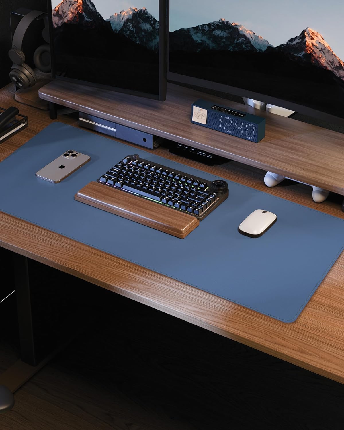 Desk Pad Mat 23.6"x13.7" - Waterproof Mouse Pad & Desk Protector, Non-Slip PU Leather for Gaming Keyboard/Mouse, Stitched Edge XL Office Desk Pad with Ergonomic Support(Gray Blue)