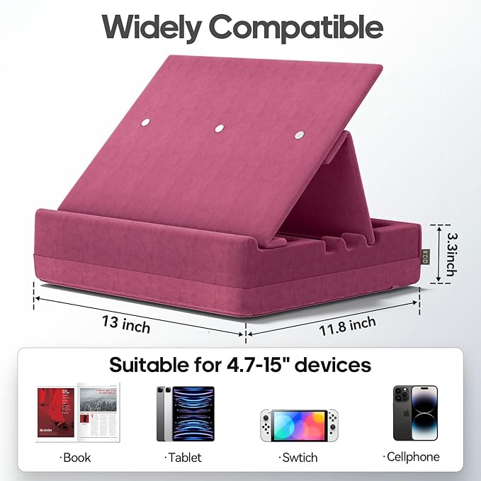 KDD Book Stand with Storage, Multi-Angle Viewing Reading Tablet Holder for Lap, Bed, Desk and Couch, Foldable I-pad Pillow Holder with Organizer Tray for Book,Tablet, Cell Phone, (4.7"-15") Purple