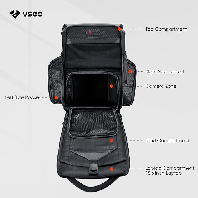VSGO 20L Professional Camera Backpack for DSLR/SLR, Compatible with Sony Canon Nikon Cameras, DJI RSC2 Gimbals, Tripod, 15.6" Laptop, Lenses & Accessories – Waterproof TPU Canvas, Travel & Outdoor Use