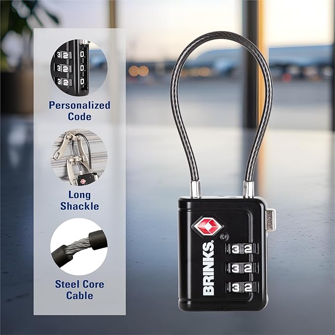 Brinks TSA Accepted Indicator Luggage Lock, Black - Resettable 3-Dial Combination, 2.5 inch Long Cable Shackle, New More Secure TSA008 Key, 2 Pack