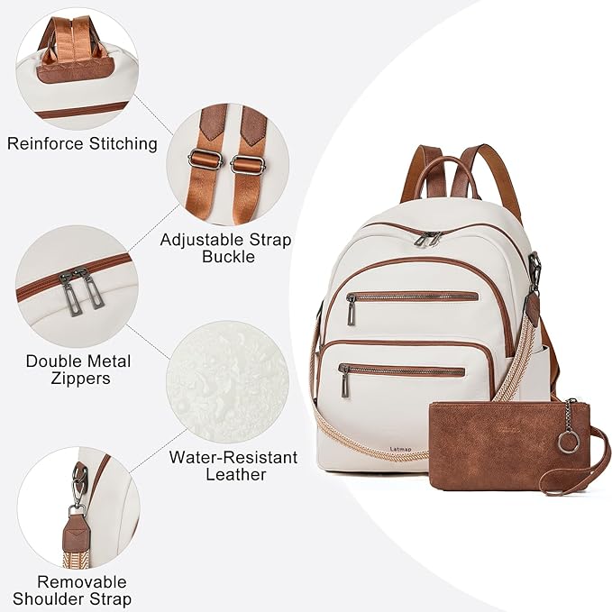 Backpack Purse for Women Laptop Backpack, Leather Travel Backpack Shoulder Bag Teacher College Daypack Work Handbag fits 14" Laptop-Beige