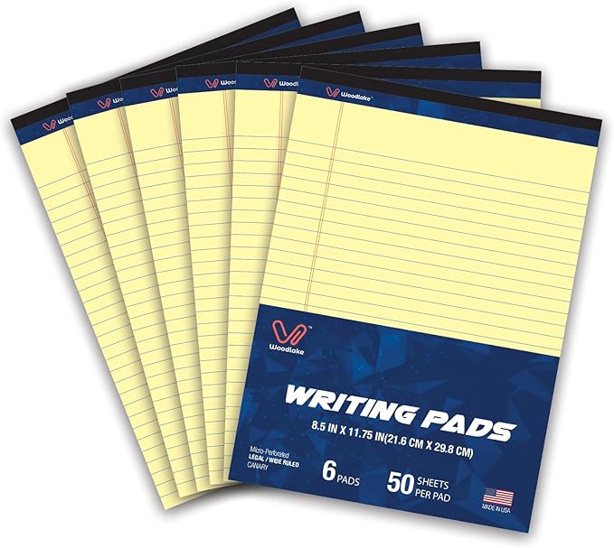 Woodlake Legal Pads 8.5 "x 11" – 6‑Pack, Wide Ruled, Premium Yellow Paper Pad No ink Bleed, Micro‑Perforated Writing Pads,50 Sheets, Letter Size Note pads for School, Office & Home, Made in USA