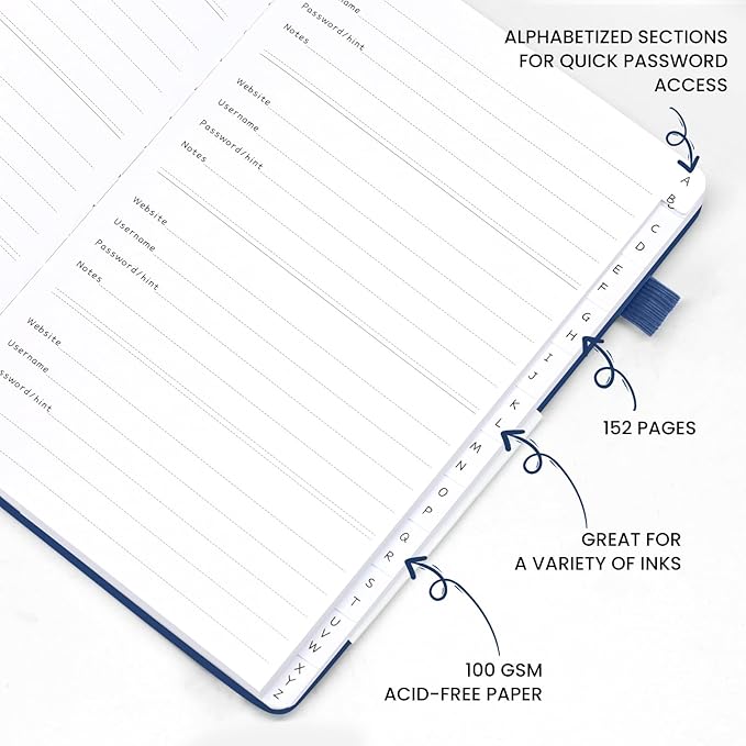 Password Book with Alphabetical Tabs, Hardcover Password Keeper, Size 4.4''x 6.1'' Password Notebook for Saving Internet Login, Username, Password Organizer for Computer & Website Logins, Blue