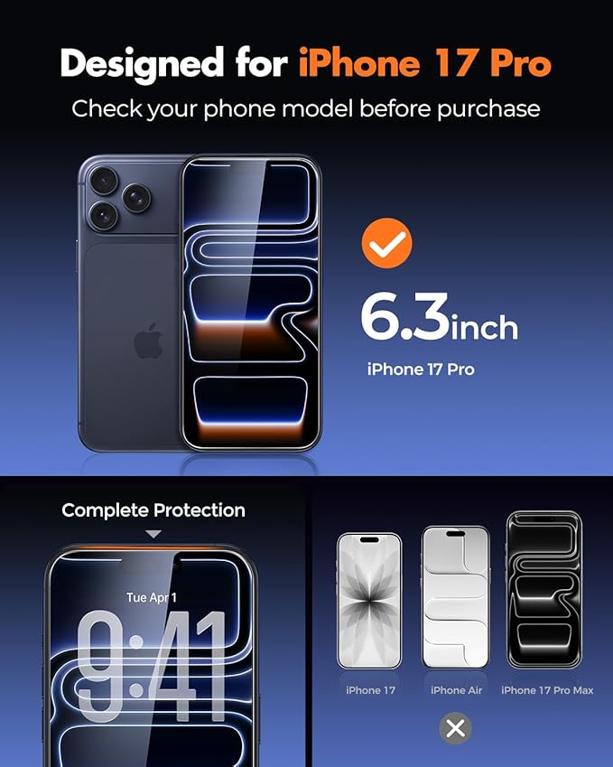 UNBREAKcable 3-Pack Screen Protector for iPhone 17 Pro, Double Shatterproof Tempered Glass [Easy Installation Frame] [9H Hardness] [99.99% HD Clear] [Case Friendly] for iPhone 6.3 inch