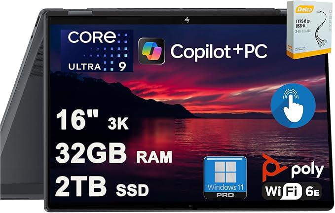 HP OmniBook X Flip 2-in-1 Laptop | 16" 3K OLED 120Hz Touch (100% DCI-P3) | Intel 8-core Ultra 9 288V Up to 48 Tops | 32GB DDR5 2TB SSD | Backlit Poly Studio Win11Pro w/DLCA Accessory Copilot+ AI