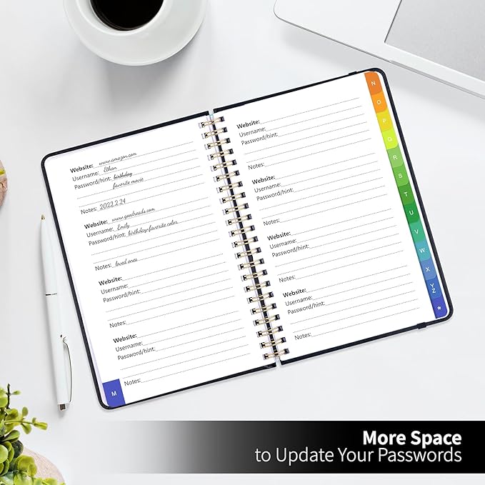 Password Book with Alphabetical Tabs, Password Keeper Book for Seniors, Individual & Colorful Tabs, Spiral Hardcover Password Notebook for Website Logins, 5.7" x 7.7", Black
