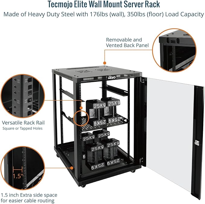 Tecmojo 18U Wall Mount Rack,18U Rack 23.6 Inch Depth,Hold Up to 176 Lbs,Server Rack with Casters,Enclosed Network Cabinet Kit for 19 Inch Network,Server and AV Gear,Glass Door(Elite Collection)