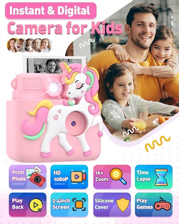 Kids Camera Instant Print with Silicone Cover, Creative Gifts for Girls Age 4-12 Birthday Christmas, 1080P Digital Camera Toy with 32GB SD Card - Pink