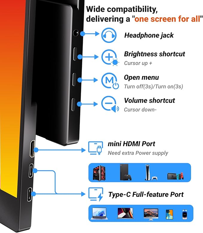 Portable Monitor, Ultra Slim 15.6 Inch FHD IPS Laptop Screen Extender with Adjustable Stand, USB C Compatible, Ideal for Travel and Office