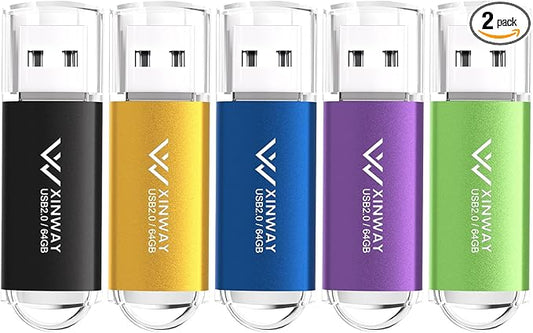 64GB USB 2.0 Flash Drives Thumb Drives Memory Stick Jump Drive Zip Drive, 5 Pack Mixed Colors: Black Blue Green Gold Purple