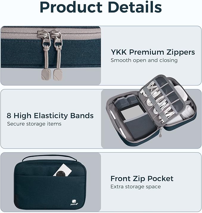 pack all Electronic Organizer Plus, Larger Capcity Cable Organizer Bag, Shockproof Carrying Case, Portable Cord Travel Organizer Storage Bag for Cables, Chargers, Phones, USB, SD Cards(Navy Blue)