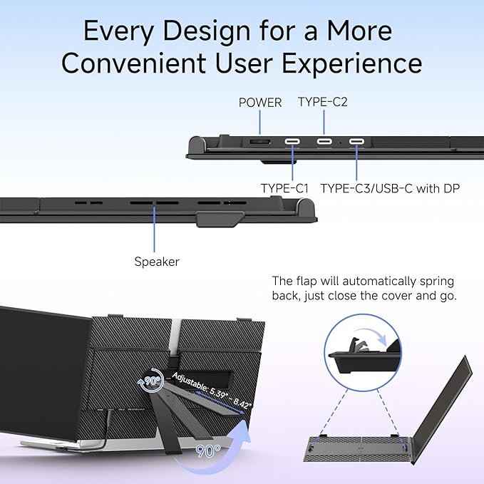 ROYY Laptop Screen Extender 14" Ultra-Thin Portable Dual Monitor FHD 1080P IPS Attachment Extended Extra Screen USB-C HDMI Port Compatible with Wins Mac Dex Chrome Travel Work Fits 13.3"-17" Laptops
